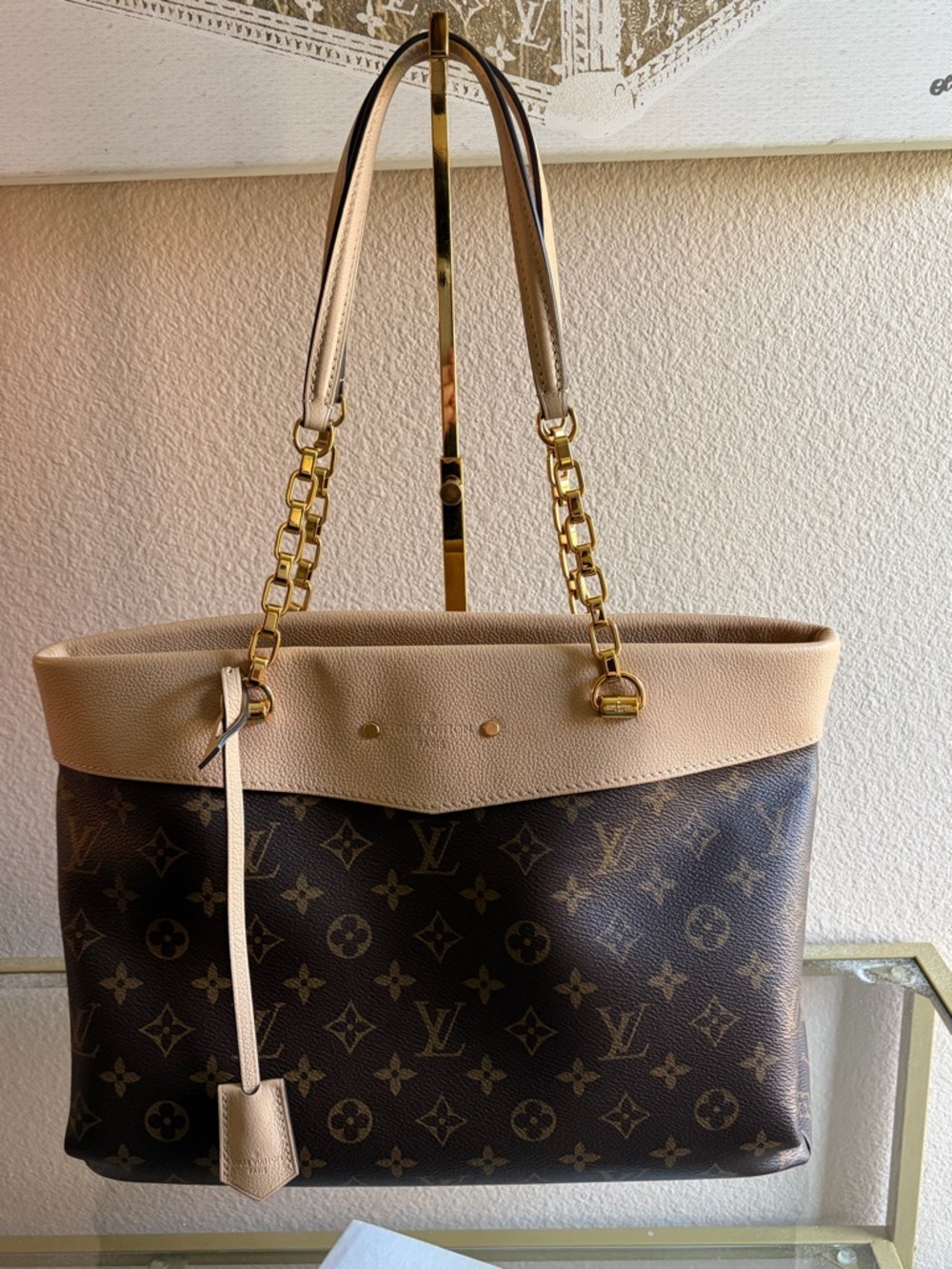 Louis Vuitton Pallas Shopper Monogram Tote with Beige Trim and Gold Chain